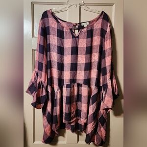 ONE WORLD Salmon Pink & Black Buffalo Plaid Tunic Bell Sleeves Size L